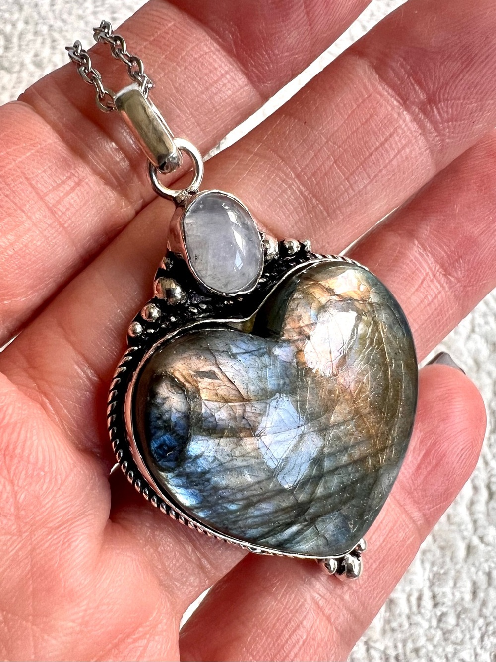 925 Ancient Light Gold Flash Labradorite + Moonstone Heart Necklace
